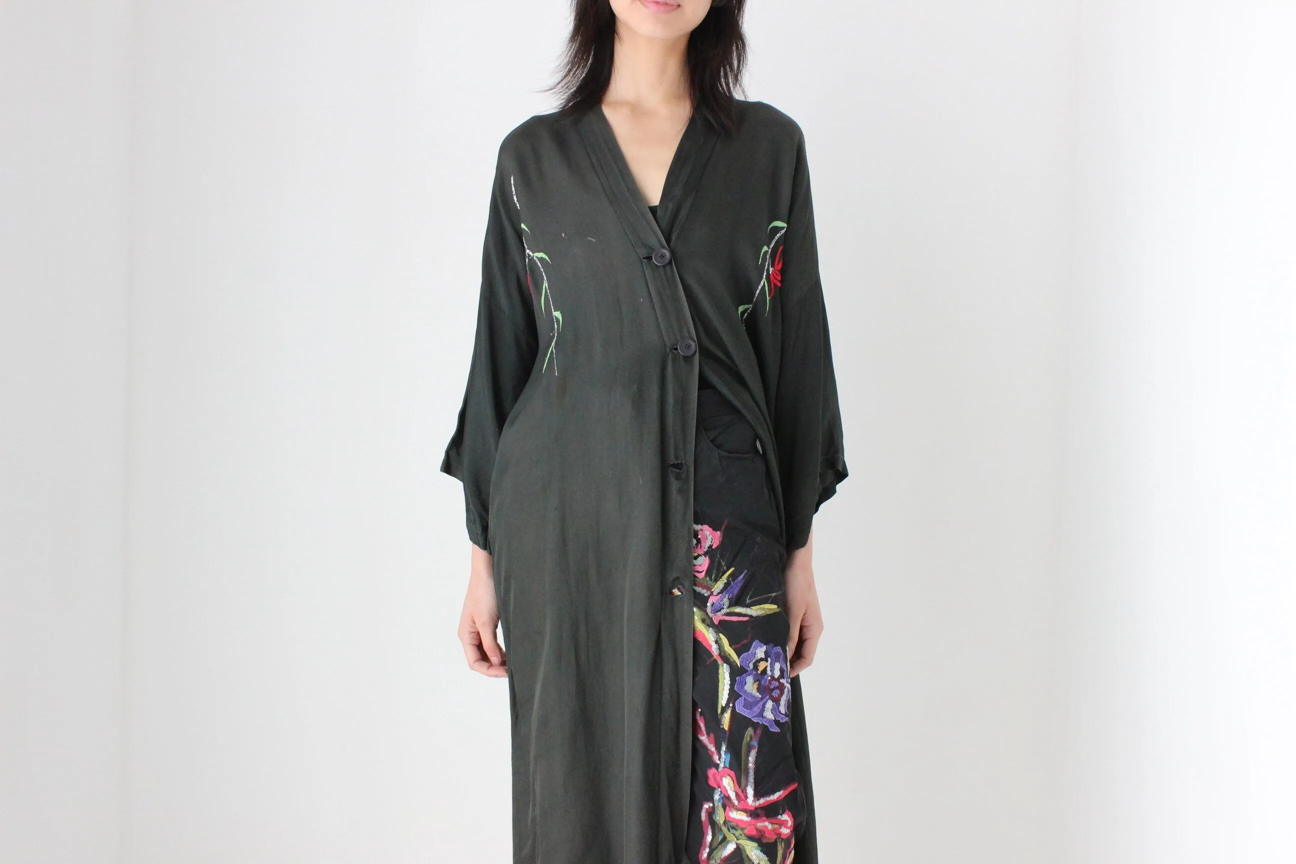 1980s Silky Rayon Button Front Kimono Robe Dress