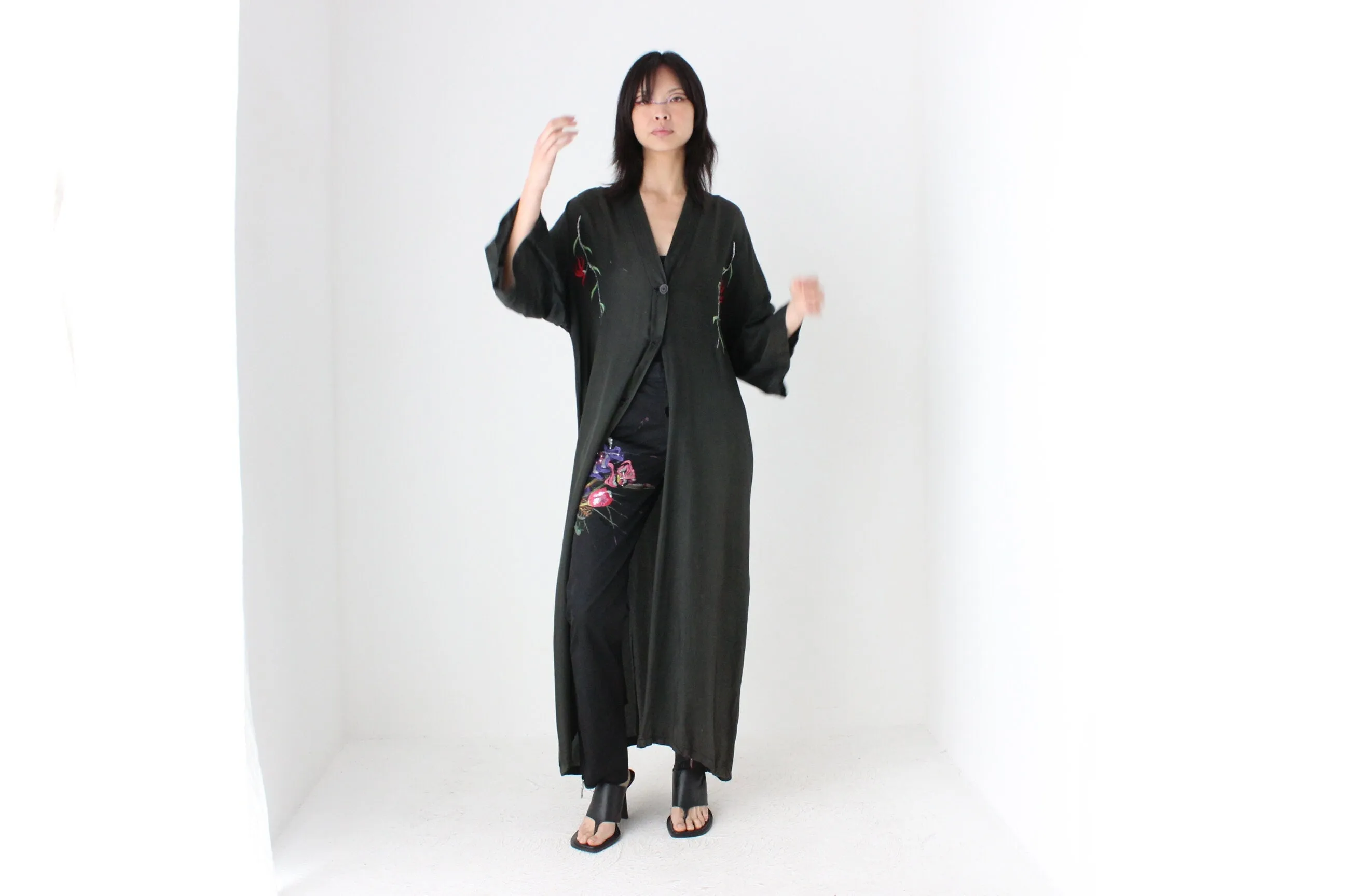 1980s Silky Rayon Button Front Kimono Robe Dress