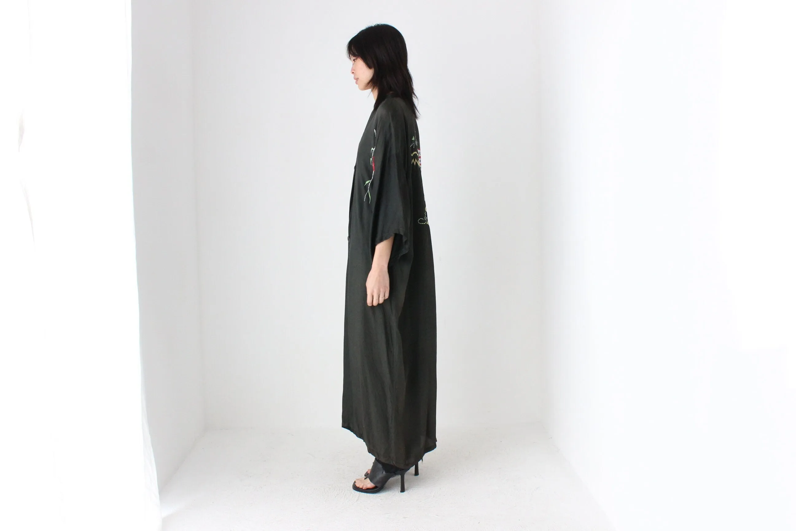 1980s Silky Rayon Button Front Kimono Robe Dress