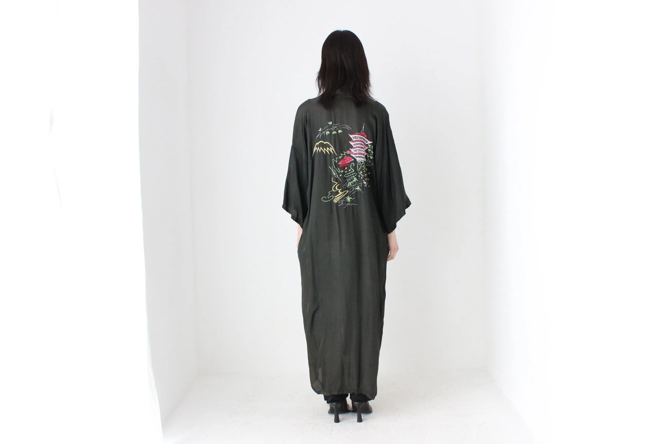 1980s Silky Rayon Button Front Kimono Robe Dress