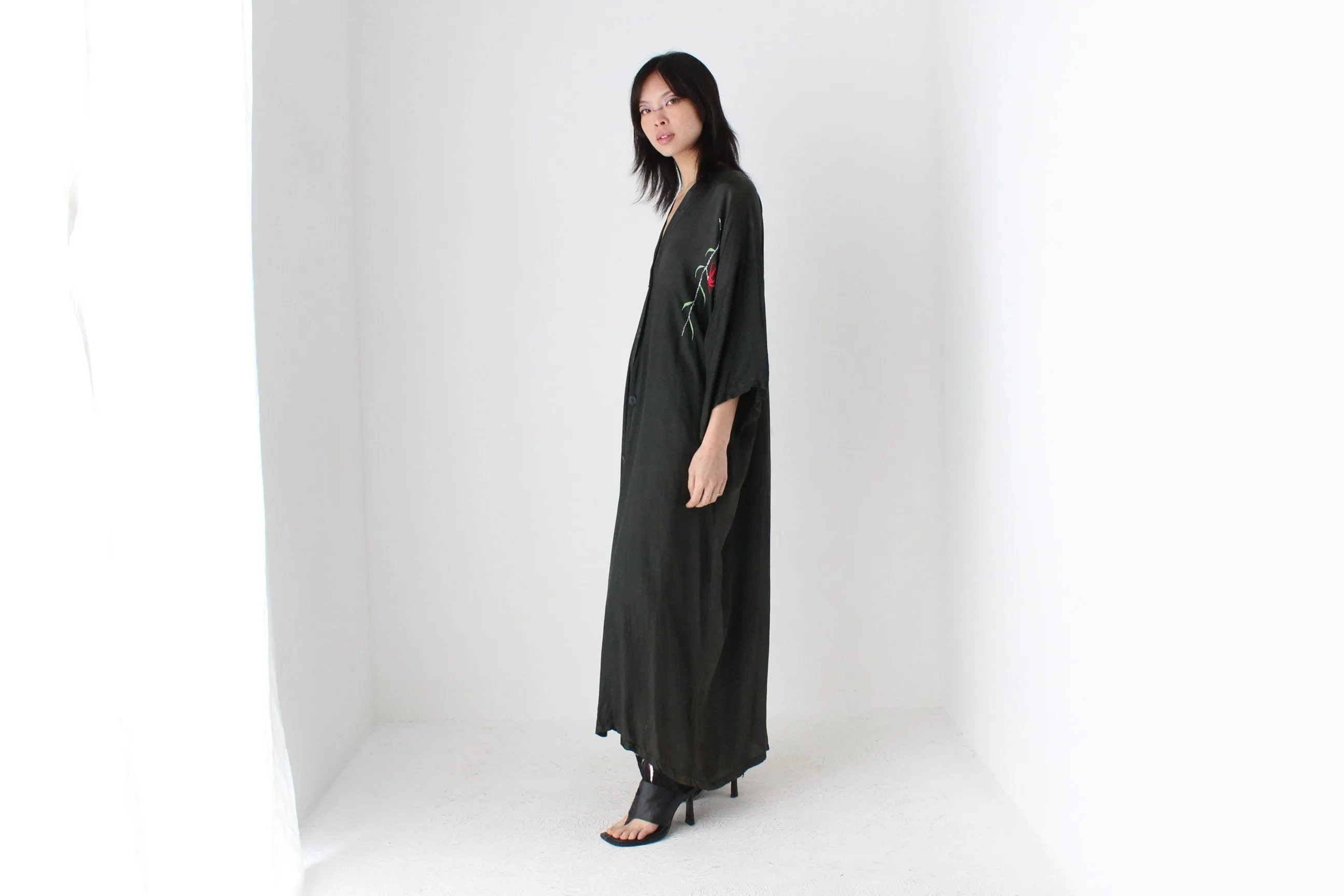 1980s Silky Rayon Button Front Kimono Robe Dress