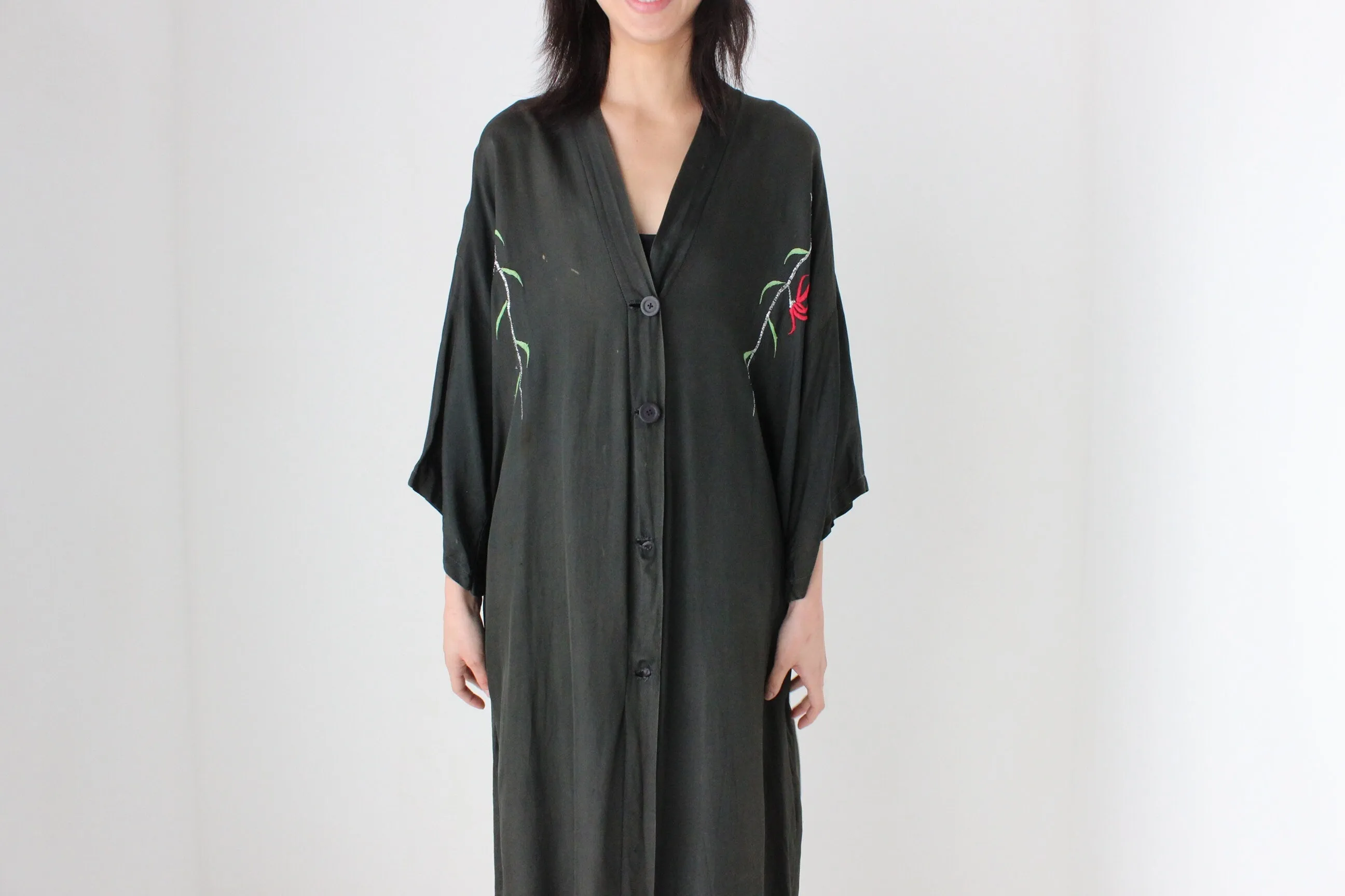 1980s Silky Rayon Button Front Kimono Robe Dress