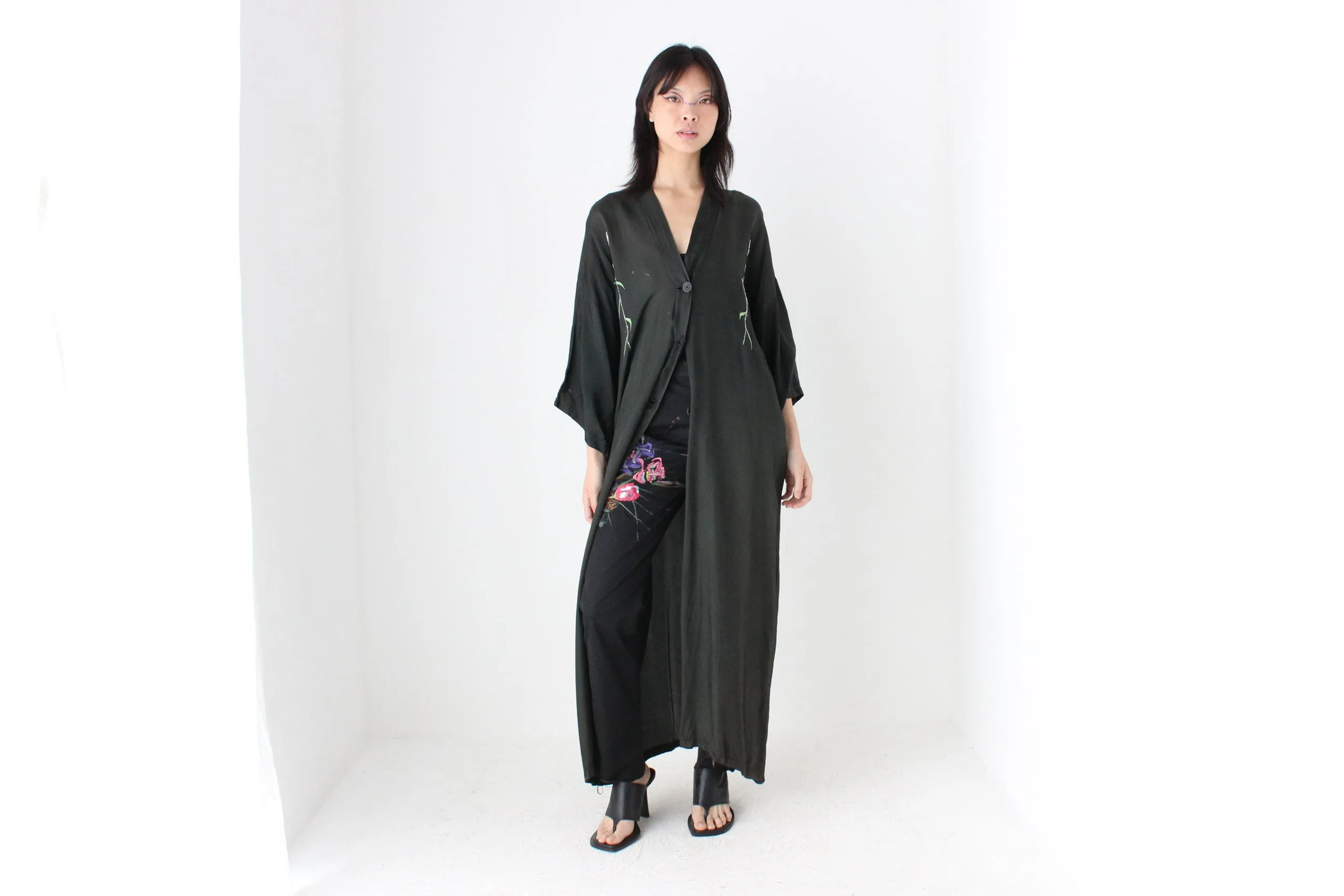 1980s Silky Rayon Button Front Kimono Robe Dress