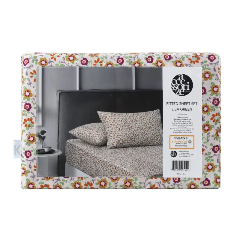 Accessorize Lisa Washed Cotton Printed Fitted Sheet and Pillowcase Set