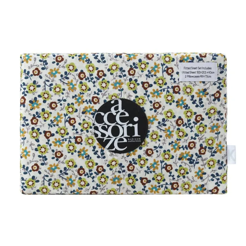 Accessorize Lisa Washed Cotton Printed Fitted Sheet and Pillowcase Set