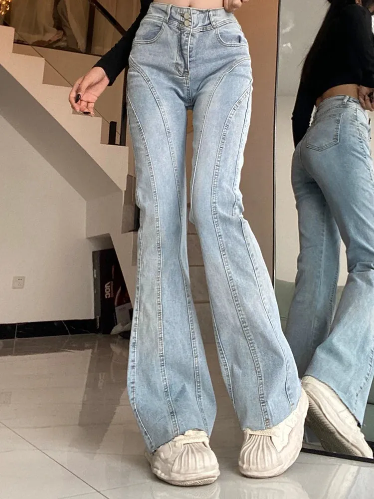 Aiertu Vintage Flared Stretch Jeans Women High Waist Skinny Boot Cut Gray Denim Pants Y2K Punk Streetwear Wide Leg Trousers