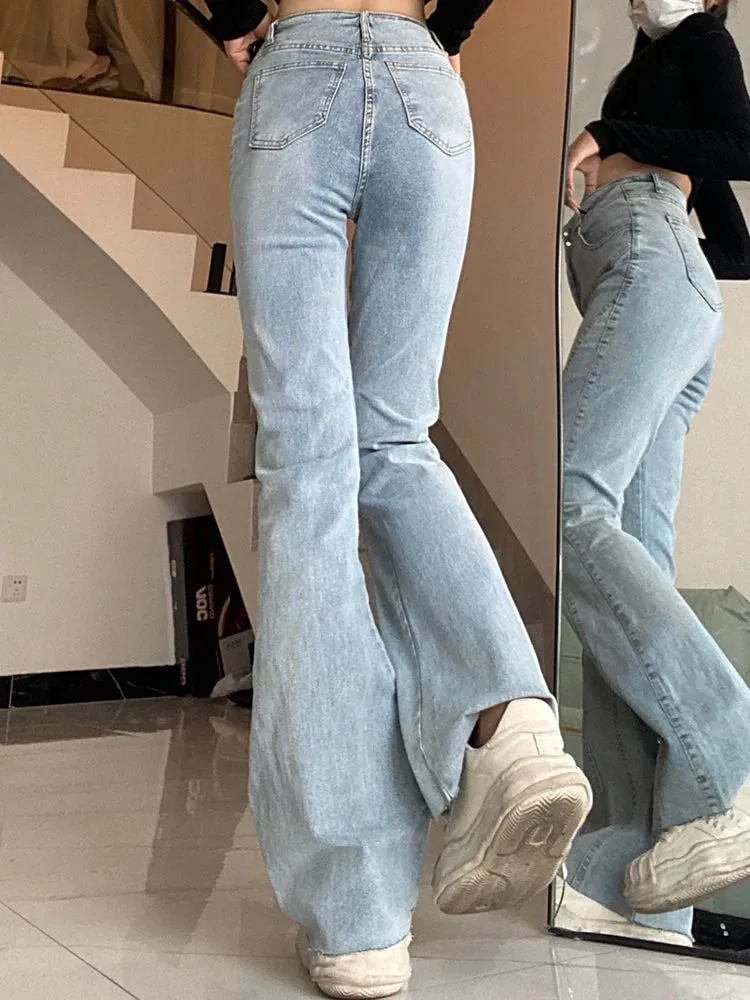 Aiertu Vintage Flared Stretch Jeans Women High Waist Skinny Boot Cut Gray Denim Pants Y2K Punk Streetwear Wide Leg Trousers