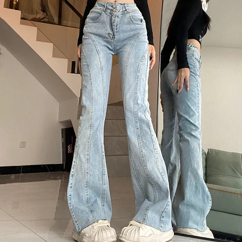 Aiertu Vintage Flared Stretch Jeans Women High Waist Skinny Boot Cut Gray Denim Pants Y2K Punk Streetwear Wide Leg Trousers