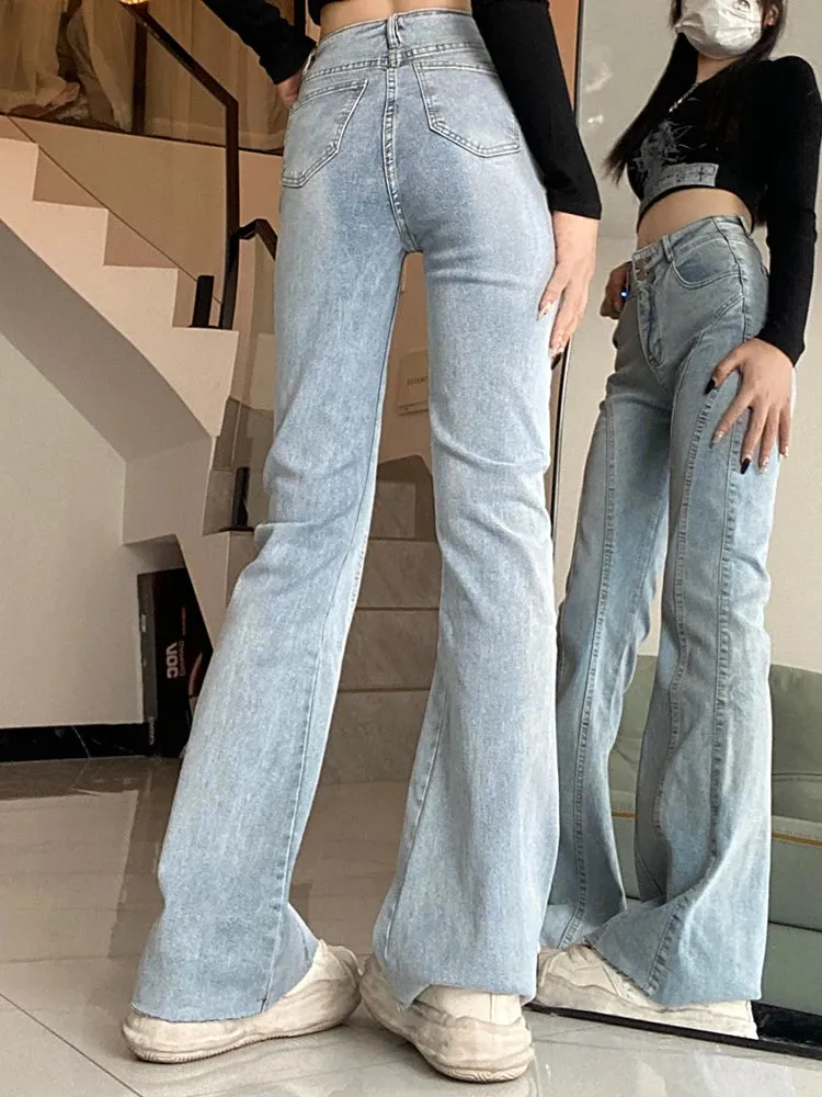 Aiertu Vintage Flared Stretch Jeans Women High Waist Skinny Boot Cut Gray Denim Pants Y2K Punk Streetwear Wide Leg Trousers