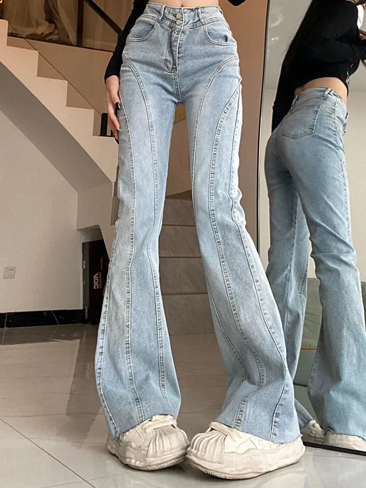 Aiertu Vintage Flared Stretch Jeans Women High Waist Skinny Boot Cut Gray Denim Pants Y2K Punk Streetwear Wide Leg Trousers