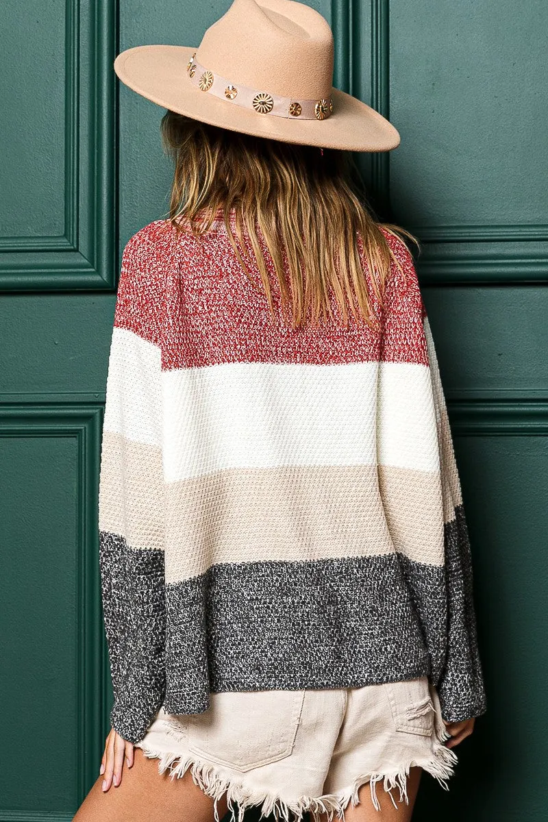 Bibi Multi Color Stripe Sweater With Buttoned  Placket