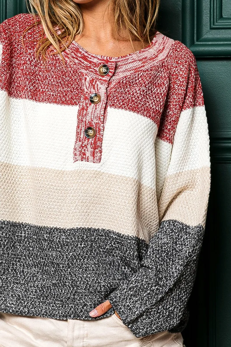 Bibi Multi Color Stripe Sweater With Buttoned  Placket