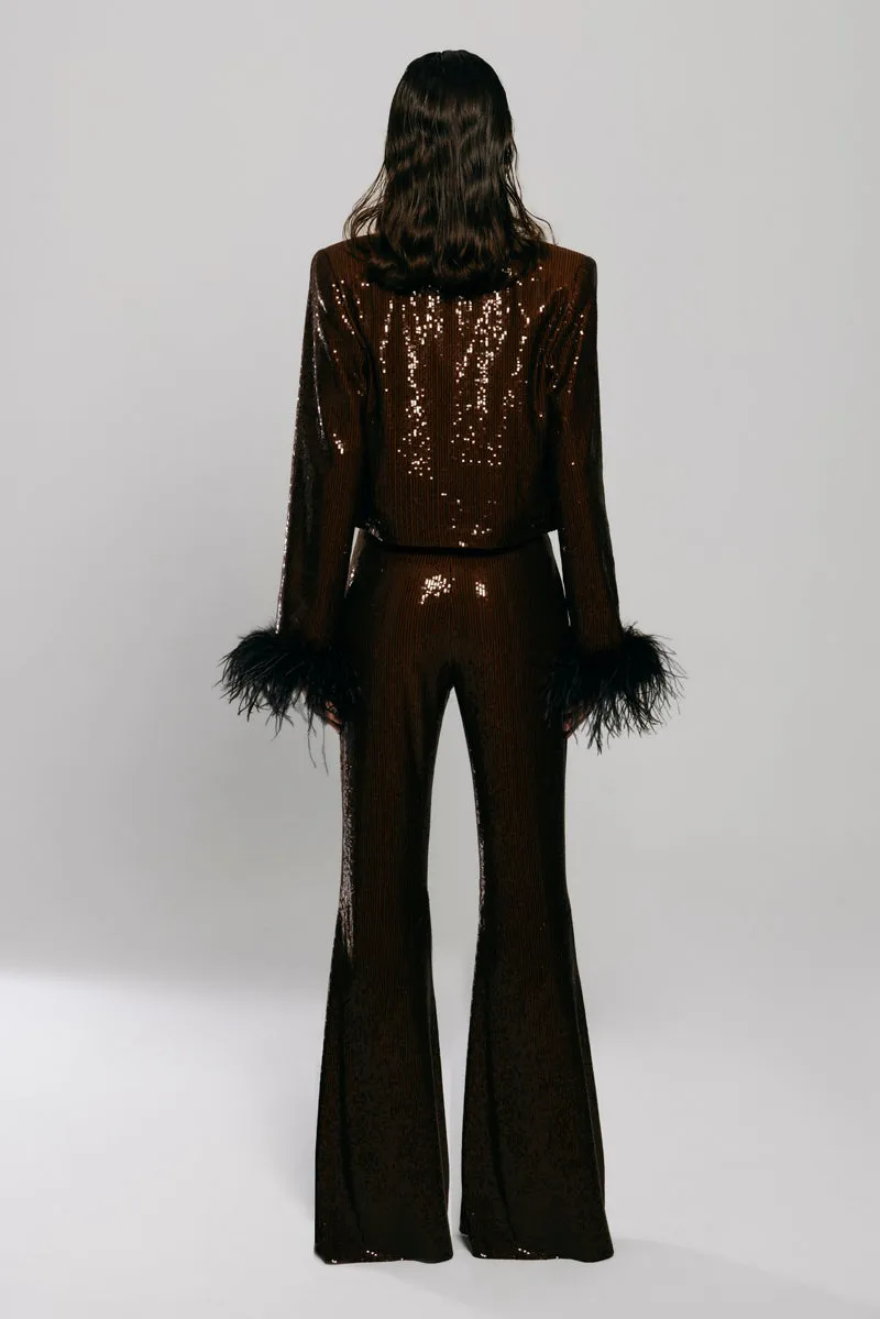 BROWN SEQUINED FLARED PANTS
