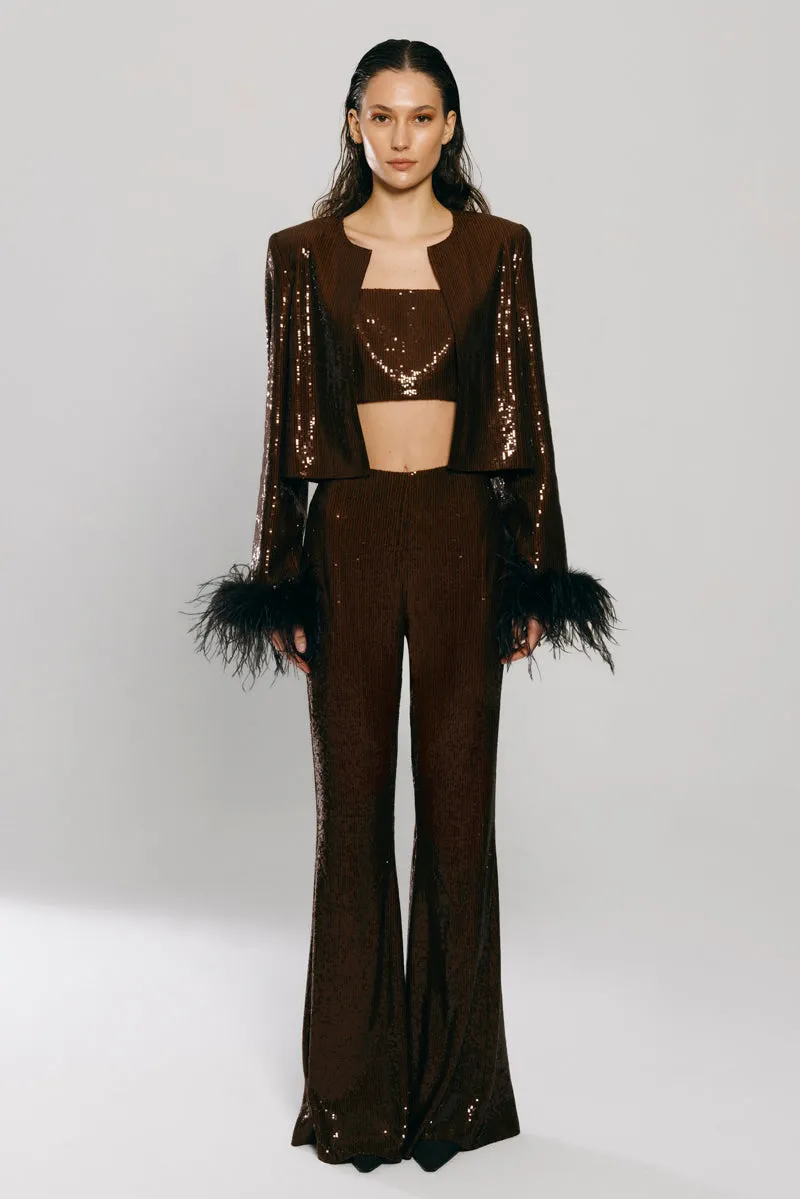 BROWN SEQUINED FLARED PANTS