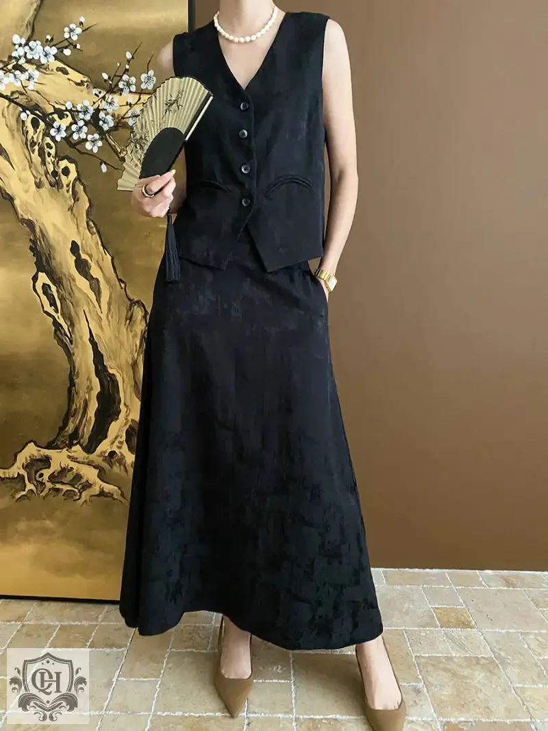 Buttoned Vest Top & High Rise Midi Skirt