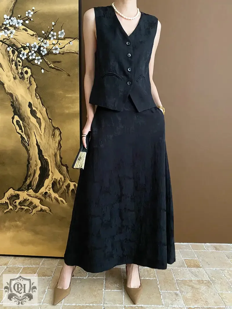 Buttoned Vest Top & High Rise Midi Skirt