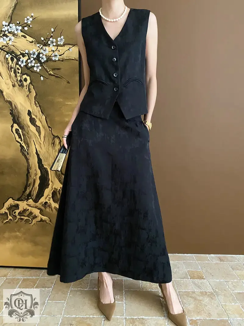 Buttoned Vest Top & High Rise Midi Skirt