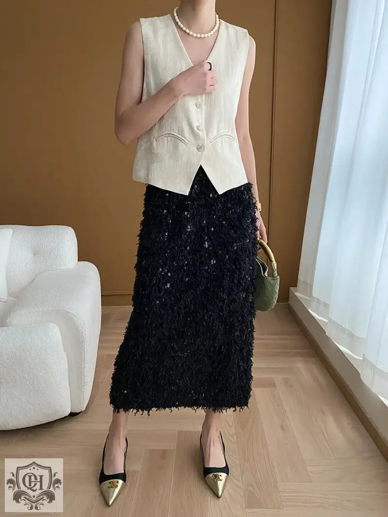 Buttoned Vest Top & High Rise Midi Skirt