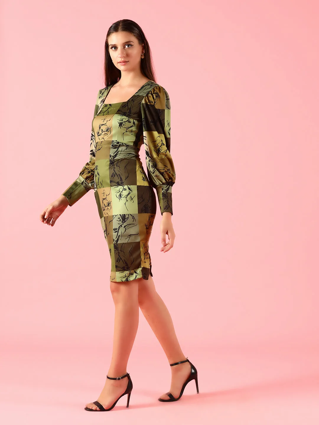 Cotton Lycra Green Printed Dress