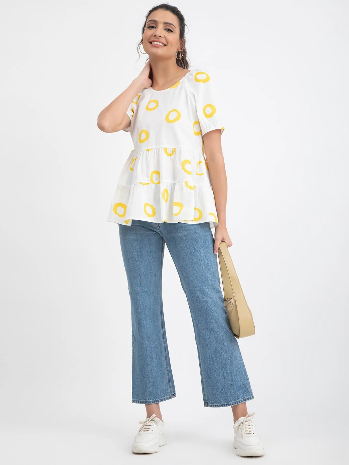Cotton Poplin Polka Flared Top - White