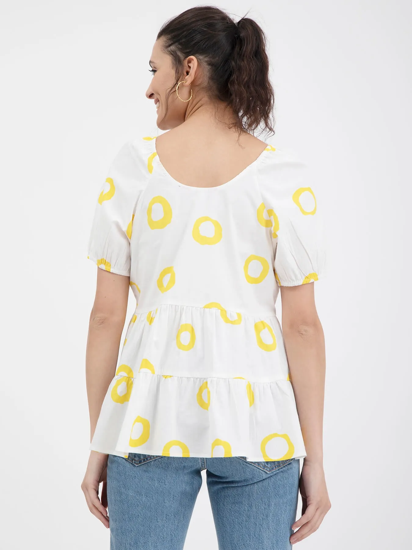 Cotton Poplin Polka Flared Top - White