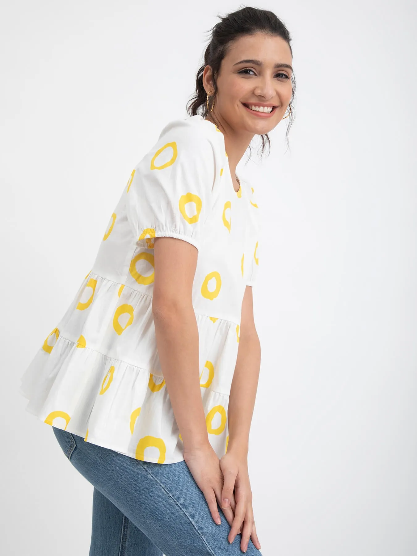 Cotton Poplin Polka Flared Top - White