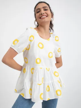Cotton Poplin Polka Flared Top - White