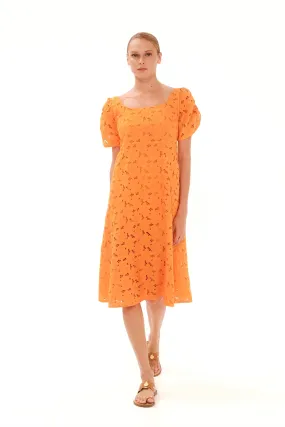 Eyelet Embroidery Scallop Trim Midi Linen Dress Orange