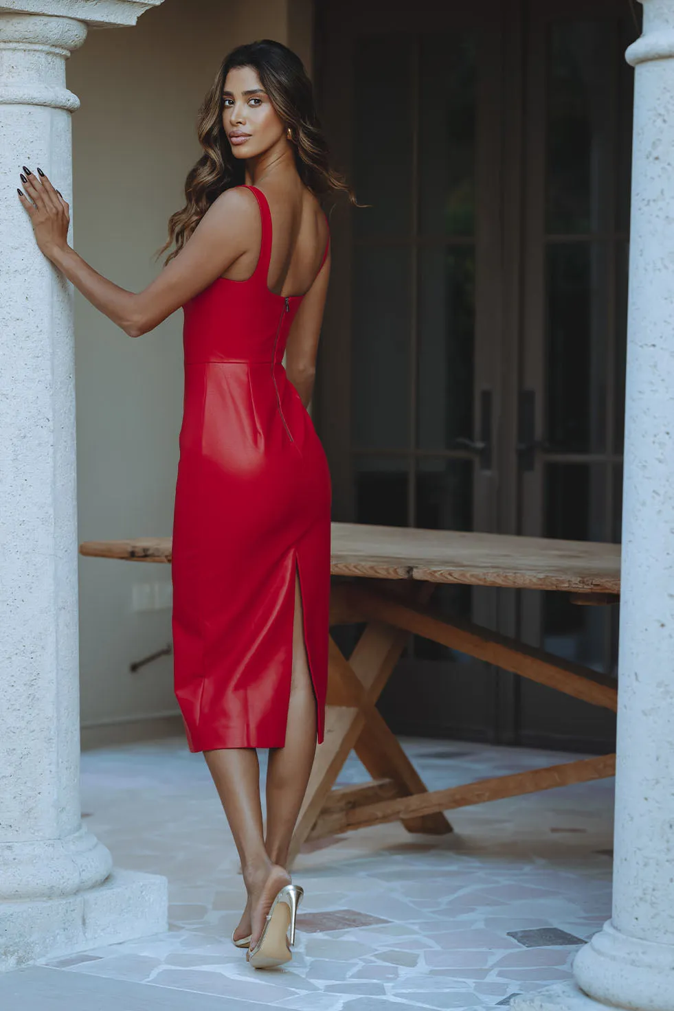 KASSY VEGAN LEATHER DRESS - FAMOUS RED