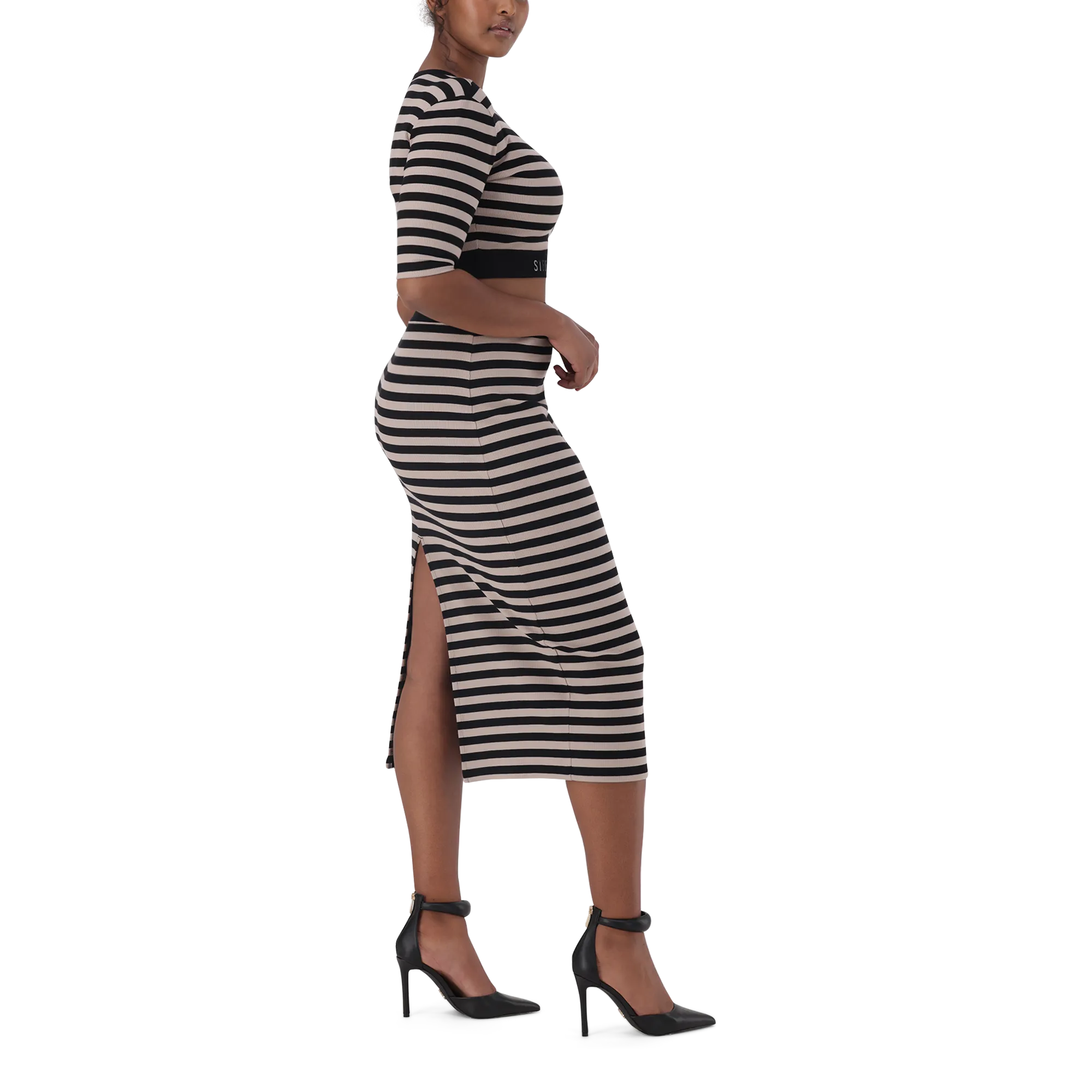 KINSLEY STRIPED BLACK CHAMPAGNE BODYCON SKIRT