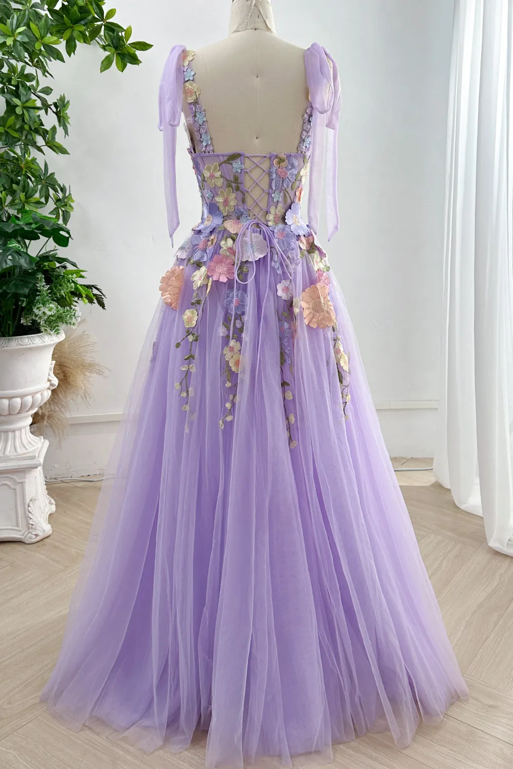 Lavender Embroidery Floral Corset Long Dress with Tie Straps