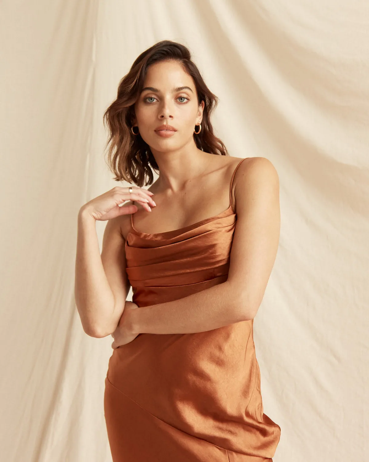 Lucia Brown Satin Ruched Bust Midi Dress