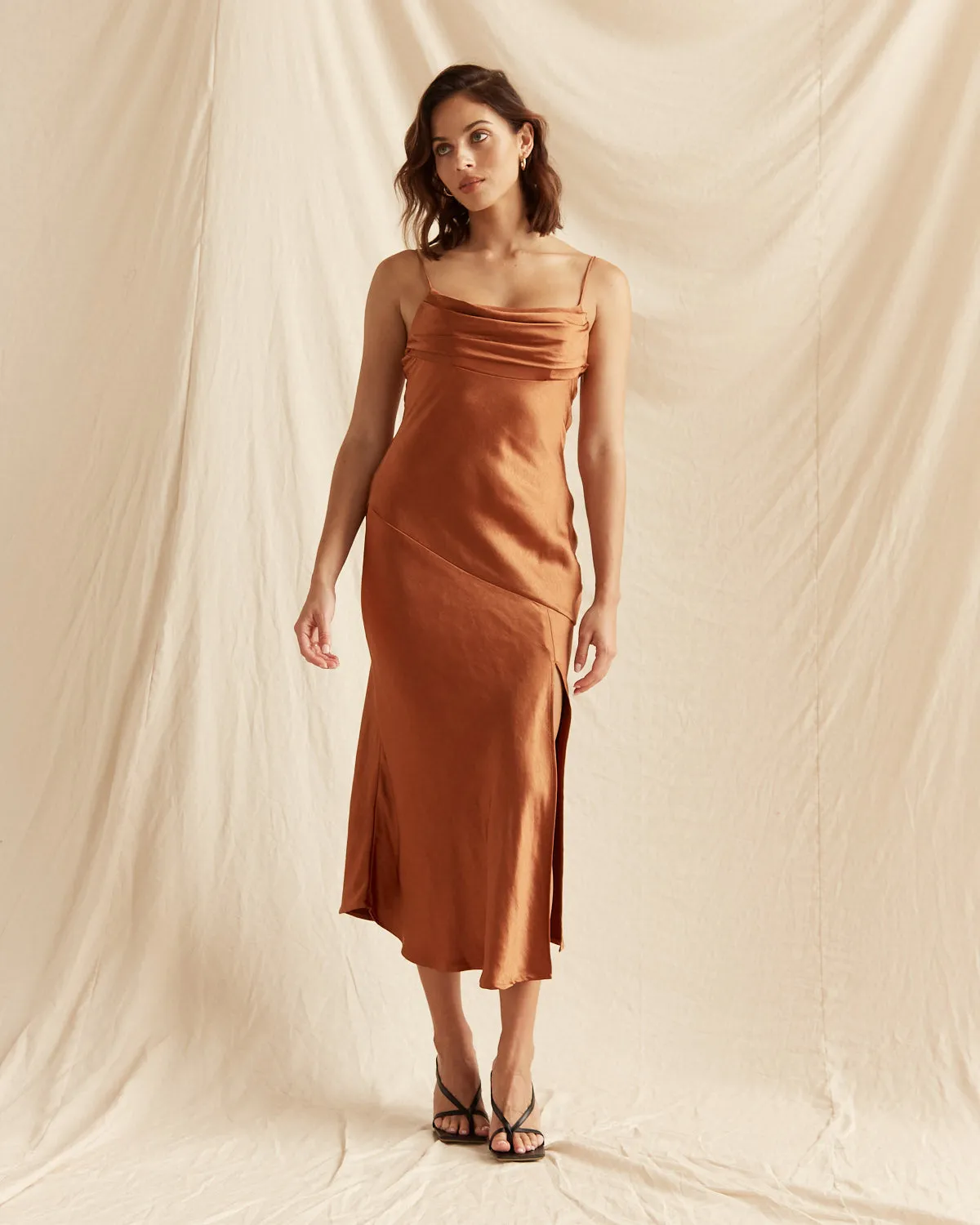 Lucia Brown Satin Ruched Bust Midi Dress