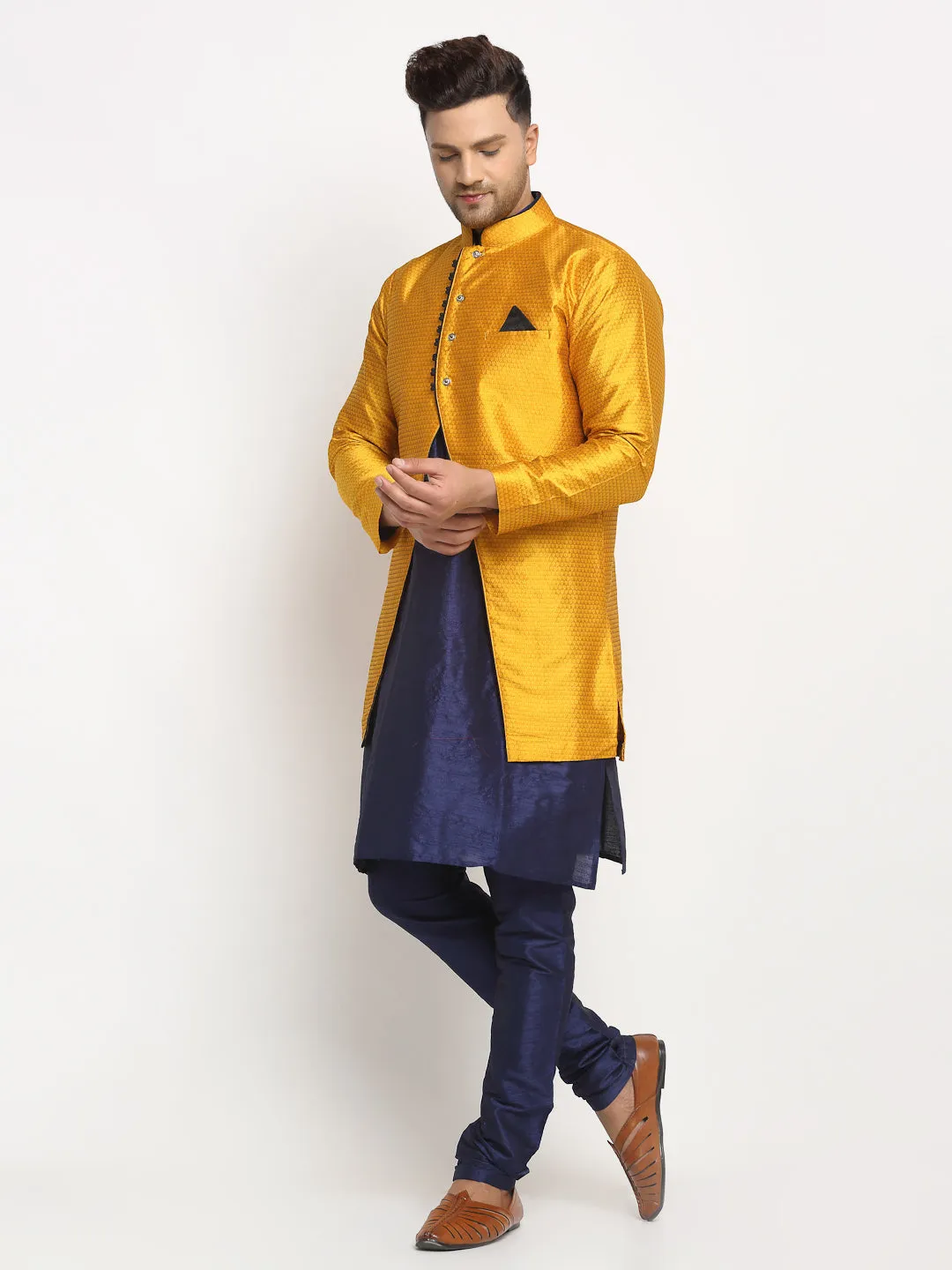 Men's Navy Blue Kurta With Pyjama & Mustard Self Design Jacket - Benstoke