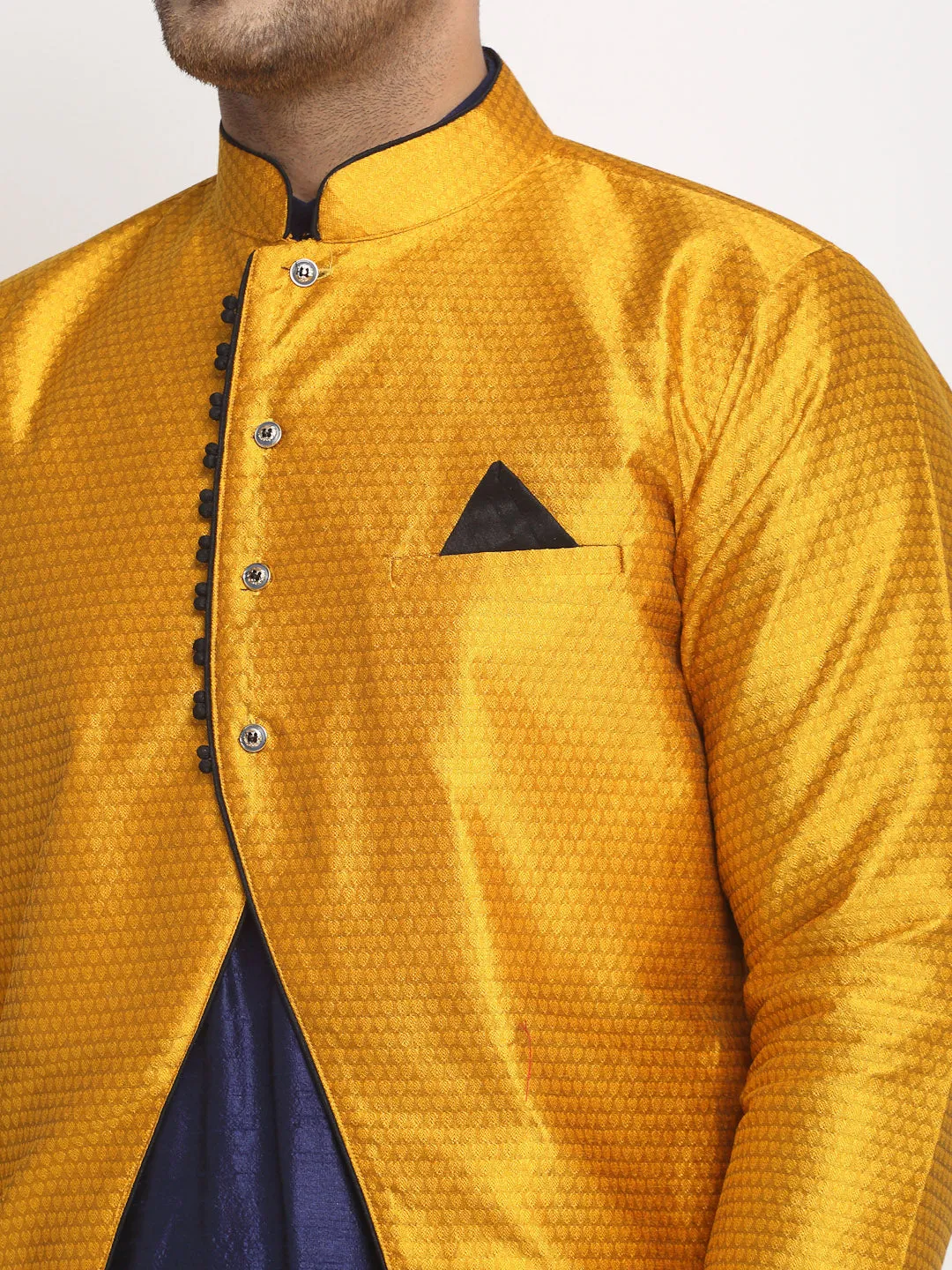 Men's Navy Blue Kurta With Pyjama & Mustard Self Design Jacket - Benstoke