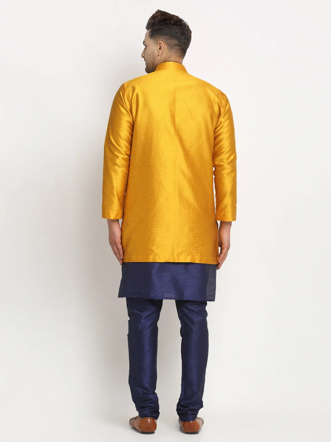 Men's Navy Blue Kurta With Pyjama & Mustard Self Design Jacket - Benstoke