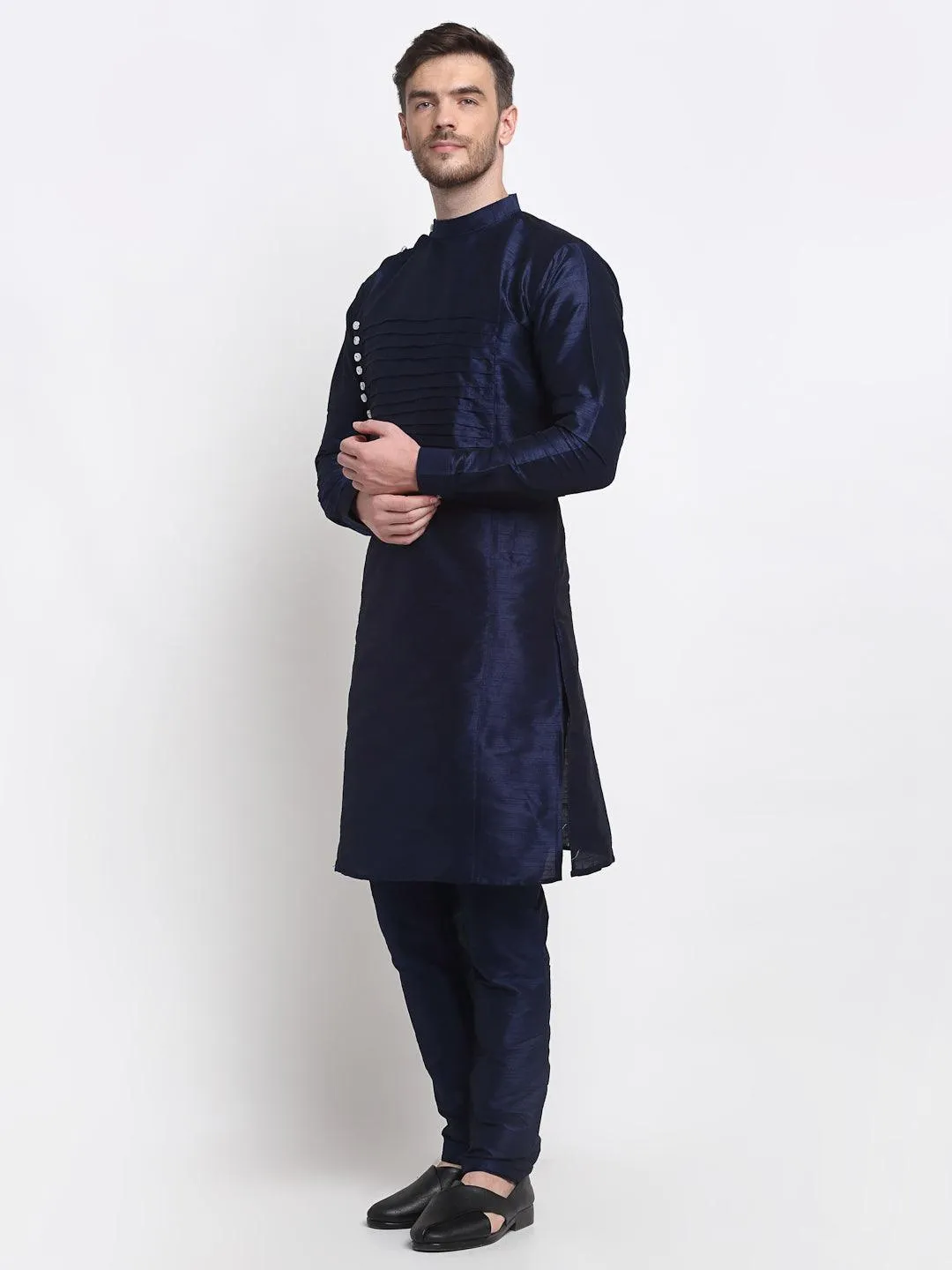 Men's Navy Blue Solid Kurta With Churidaar Pyjama - Benstoke