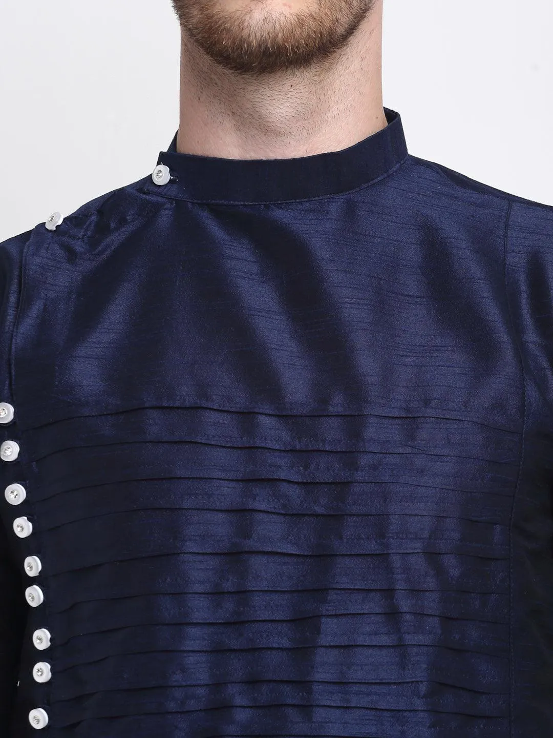 Men's Navy Blue Solid Kurta With Churidaar Pyjama - Benstoke