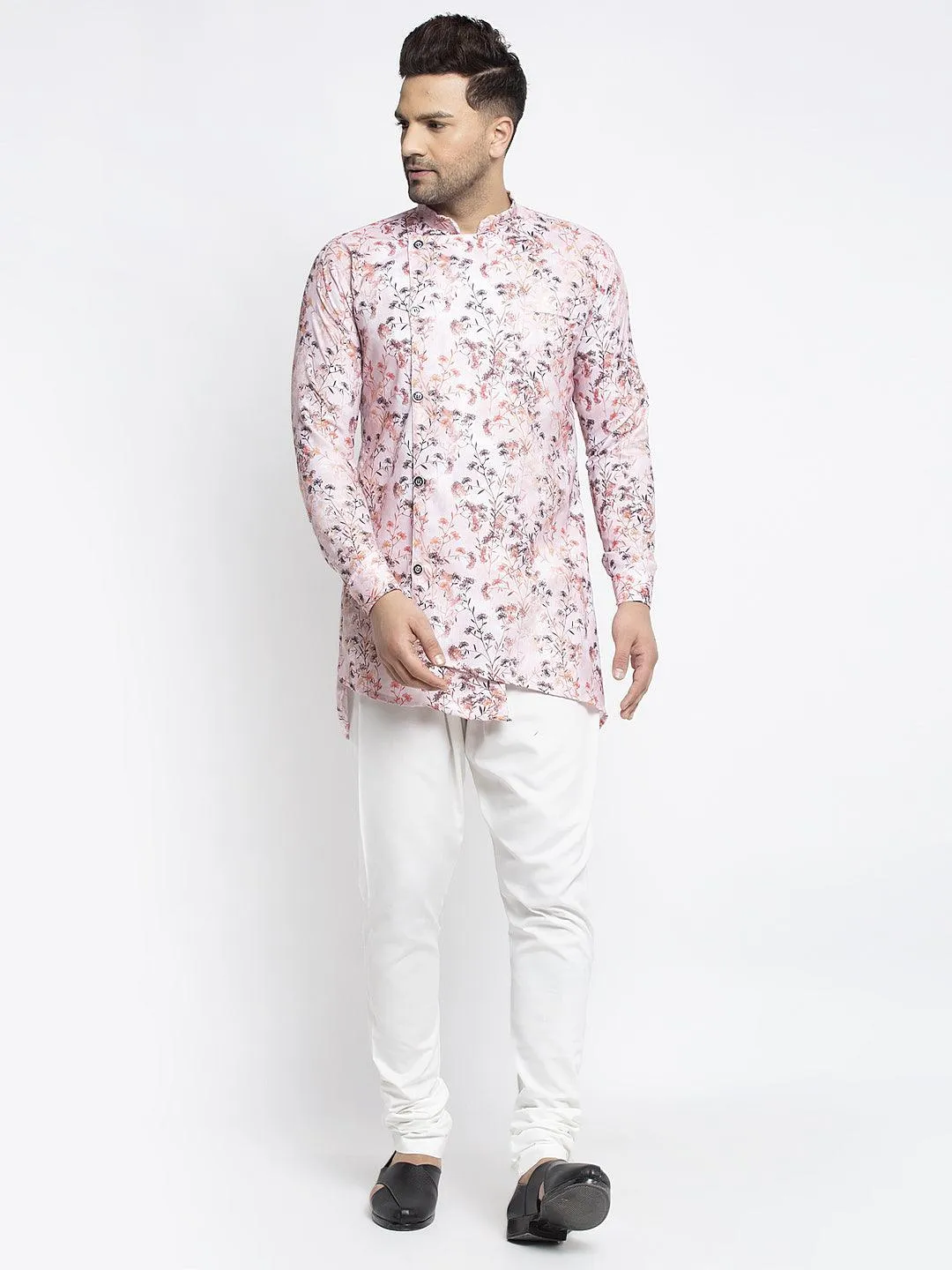 Men's Pink & Multi Printed Short Kurta With White Pyjama - Benstoke