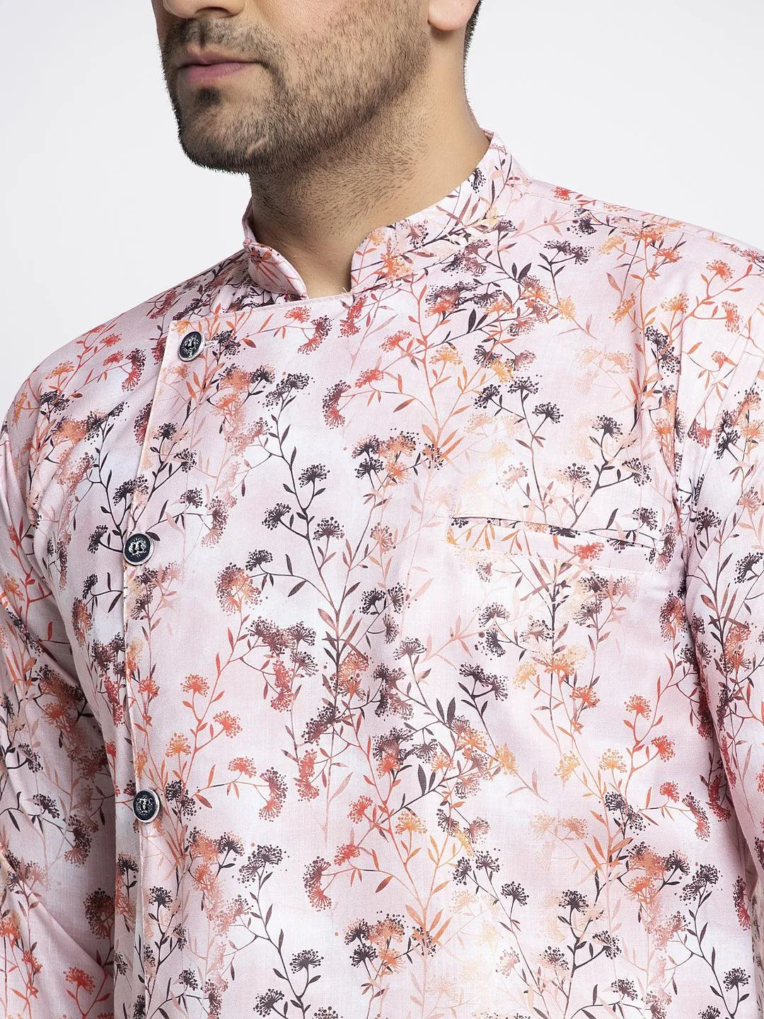 Men's Pink & Multi Printed Short Kurta With White Pyjama - Benstoke