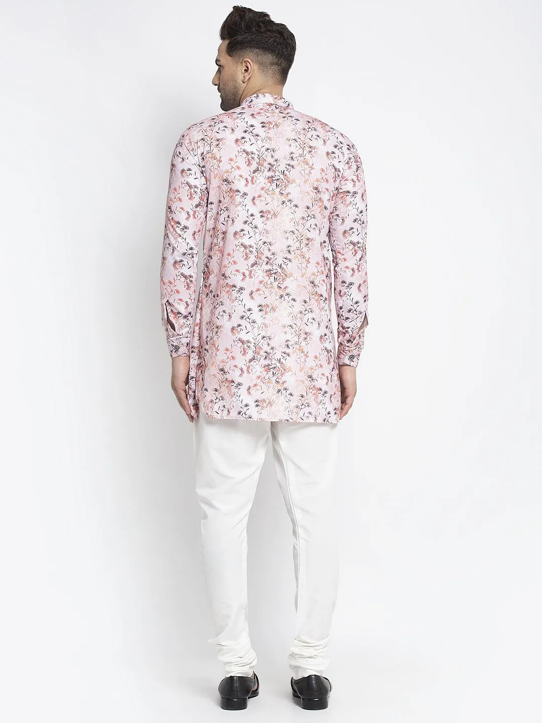 Men's Pink & Multi Printed Short Kurta With White Pyjama - Benstoke