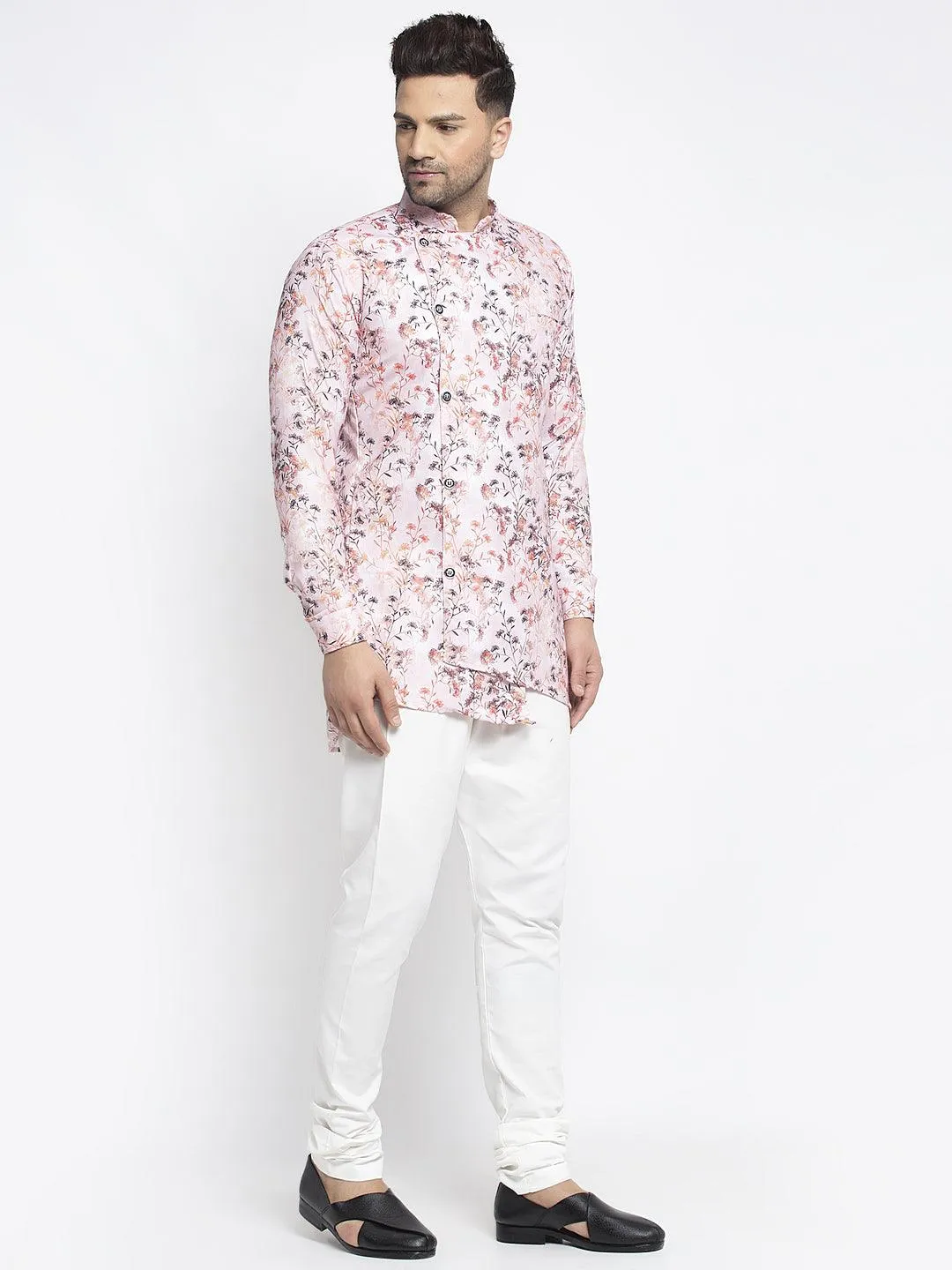 Men's Pink & Multi Printed Short Kurta With White Pyjama - Benstoke