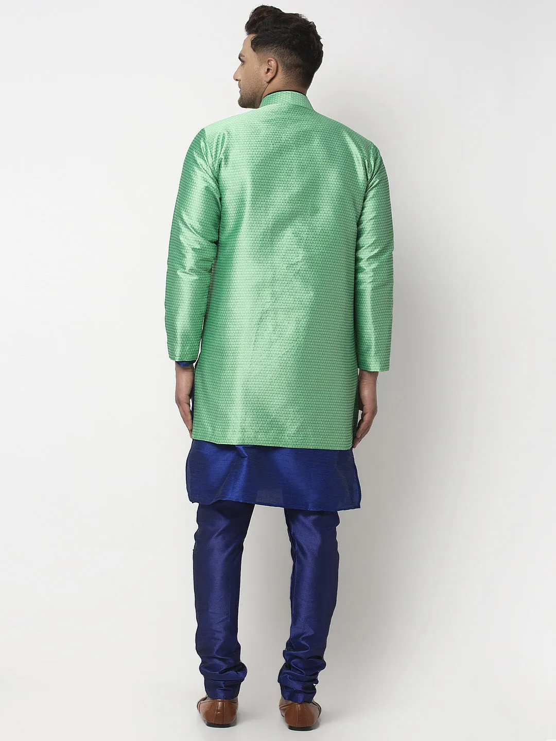 Men's Royal Blue Kurta With Pyjama & Sea Green Self Design Jacket - Benstoke