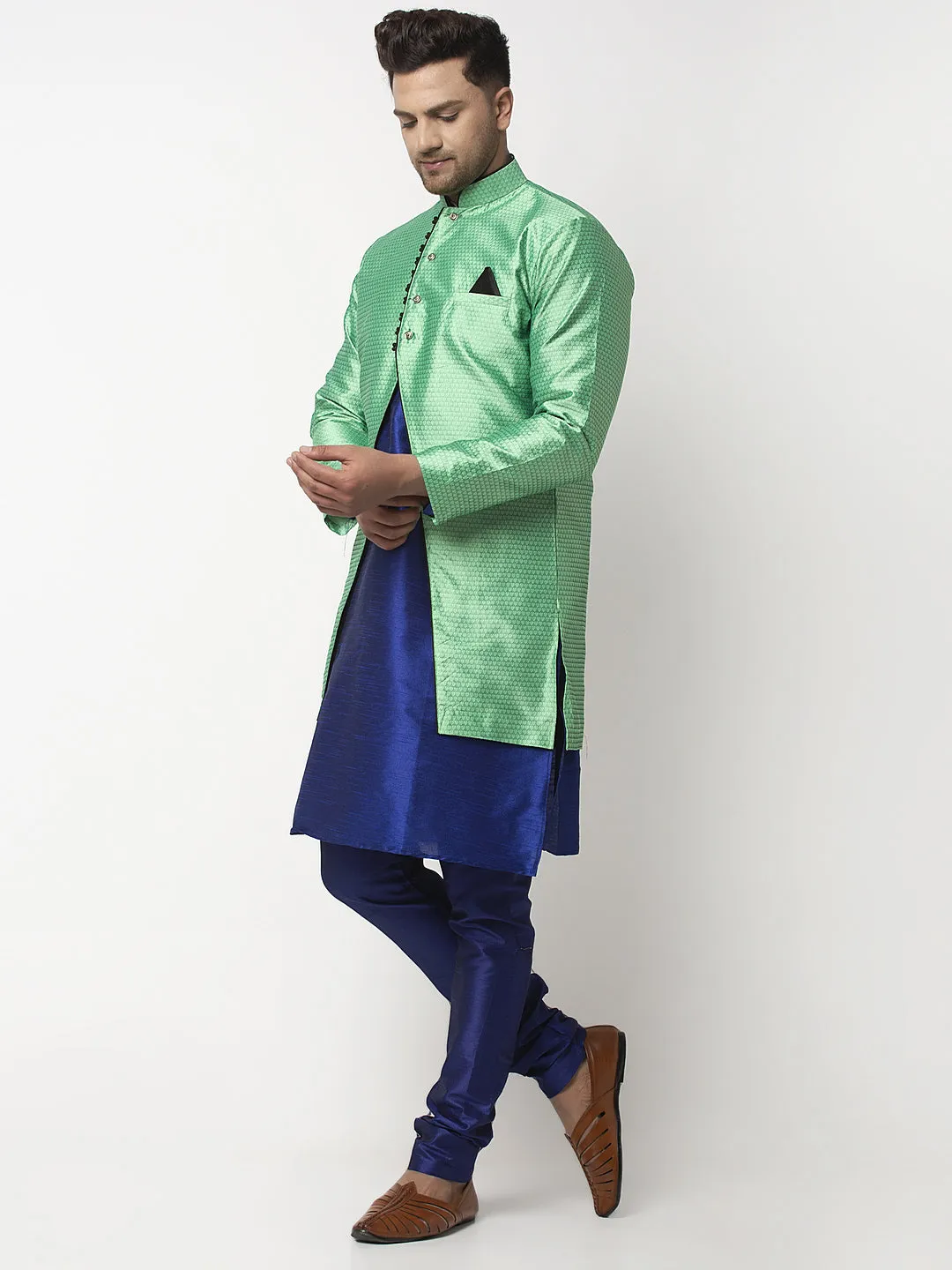 Men's Royal Blue Kurta With Pyjama & Sea Green Self Design Jacket - Benstoke