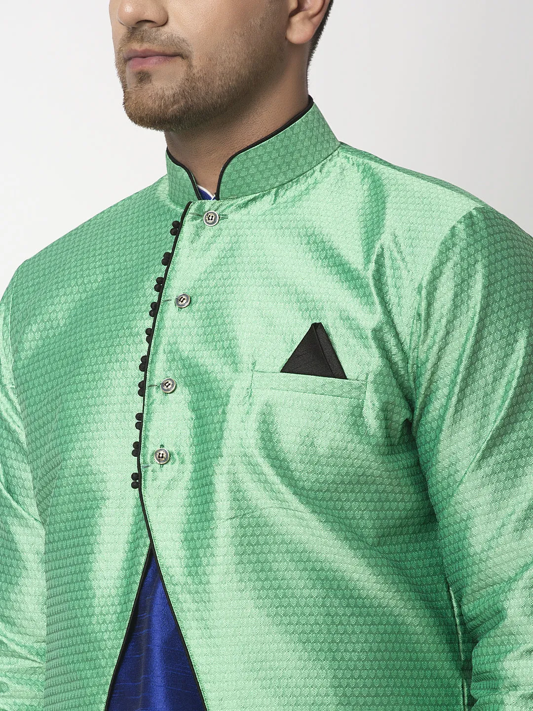 Men's Royal Blue Kurta With Pyjama & Sea Green Self Design Jacket - Benstoke