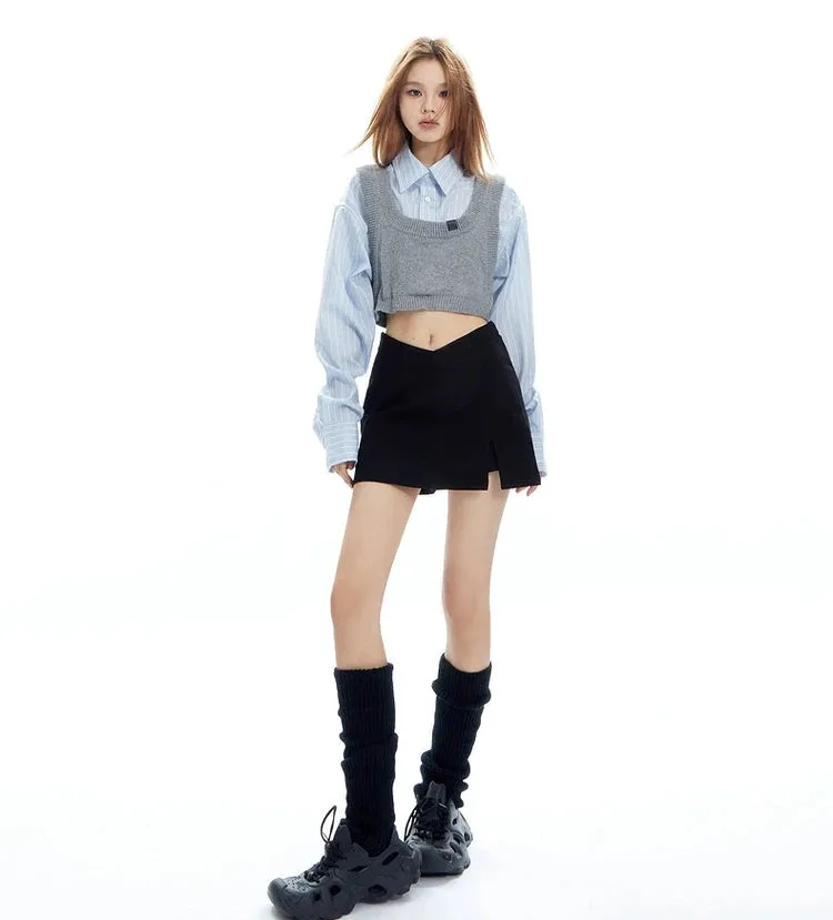 Mock Two-Piece Stripe Button Cropped Shirt-Top