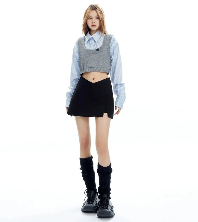 Mock Two-Piece Stripe Button Cropped Shirt-Top