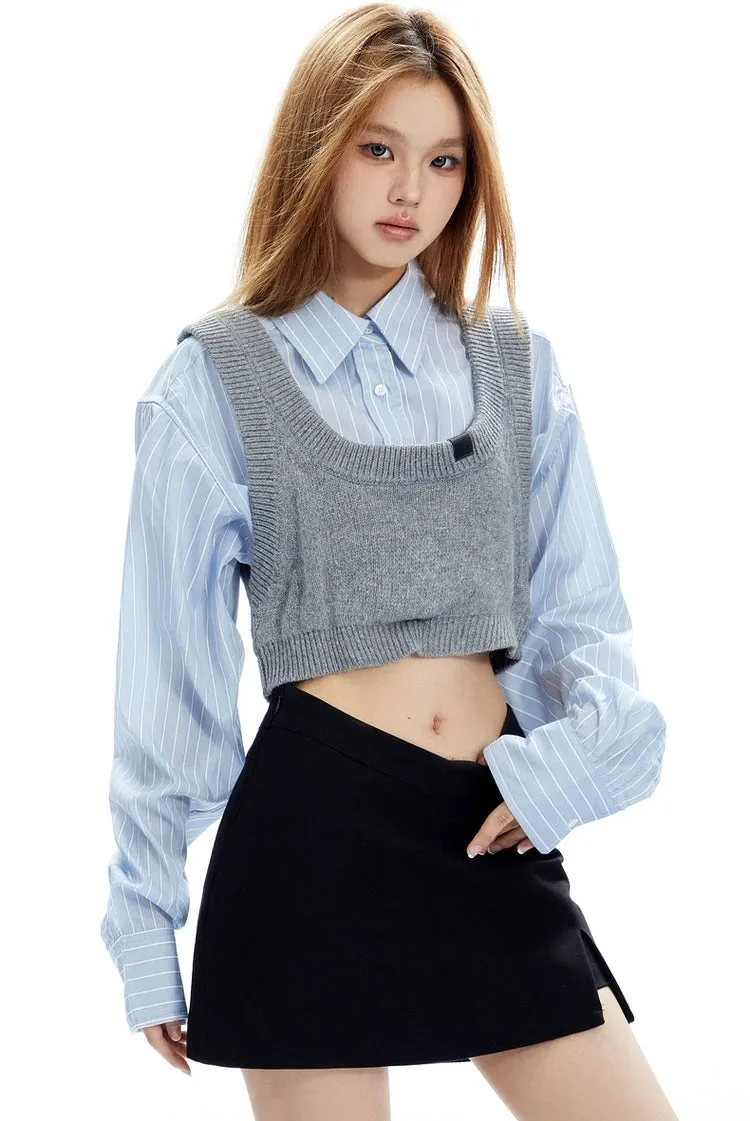 Mock Two-Piece Stripe Button Cropped Shirt-Top