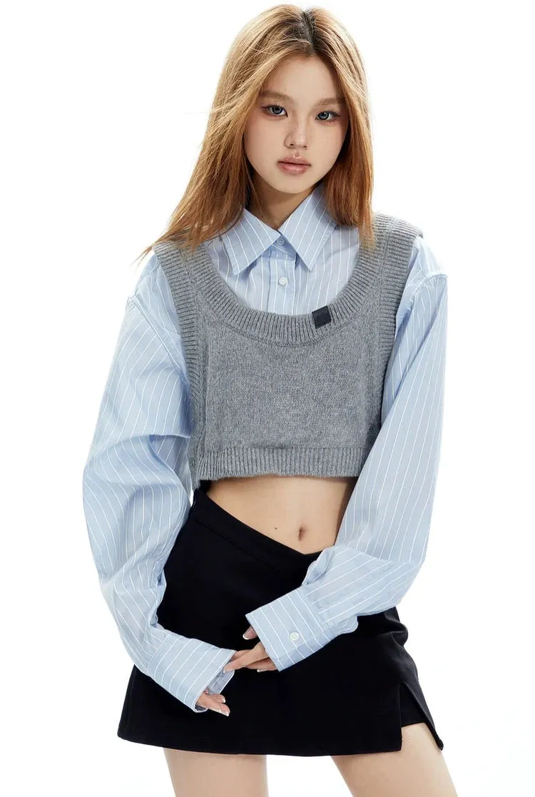 Mock Two-Piece Stripe Button Cropped Shirt-Top