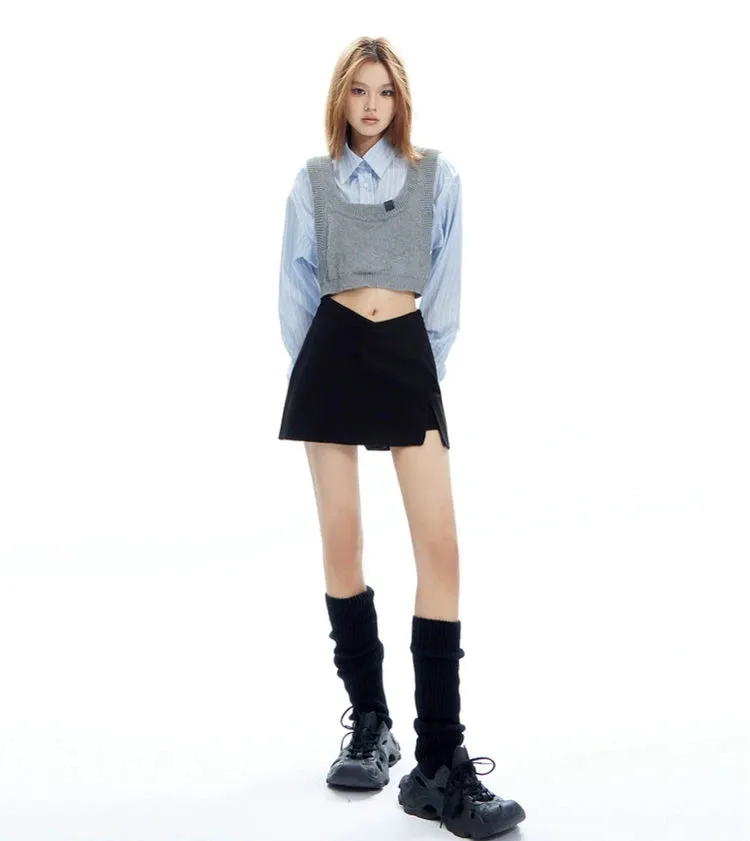 Mock Two-Piece Stripe Button Cropped Shirt-Top